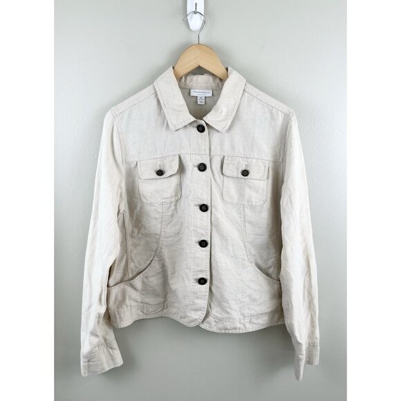 Charter Club Womens Petite Lg Jacket 100%‎ Linen Beige Button Front Lightweight - Picture 1 of 11